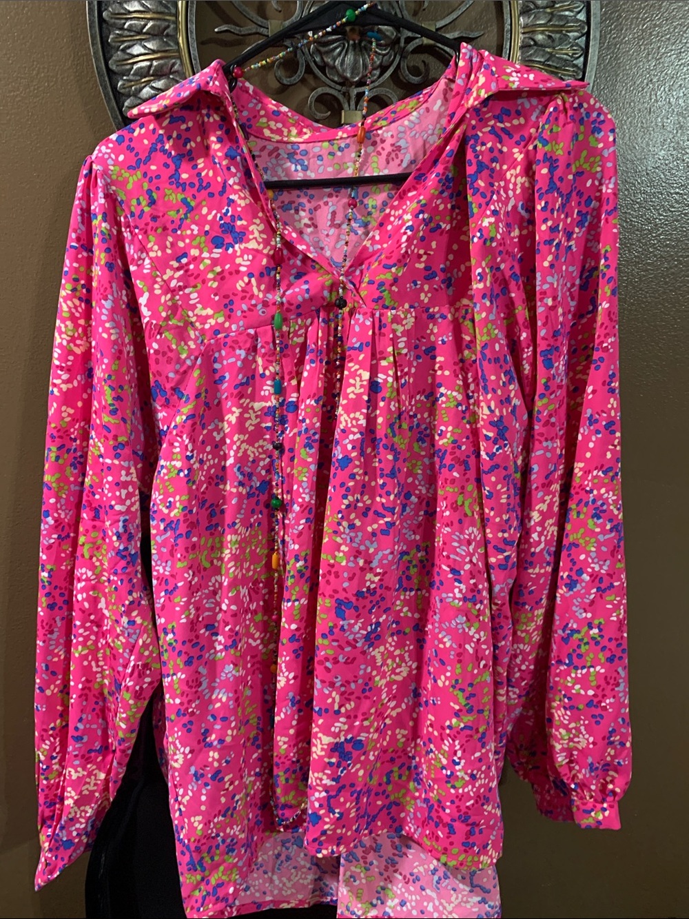 Bright Pink Floral Tunic Blouse with Gathered V-Neck